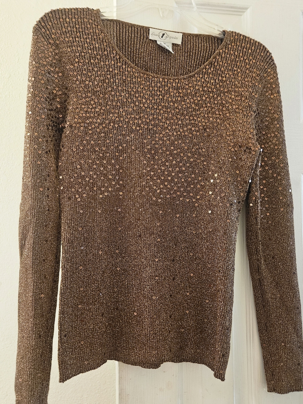 Copper Metallic Fall Holiday Glam Scoop Sequin Party Festive Cotton Sweater